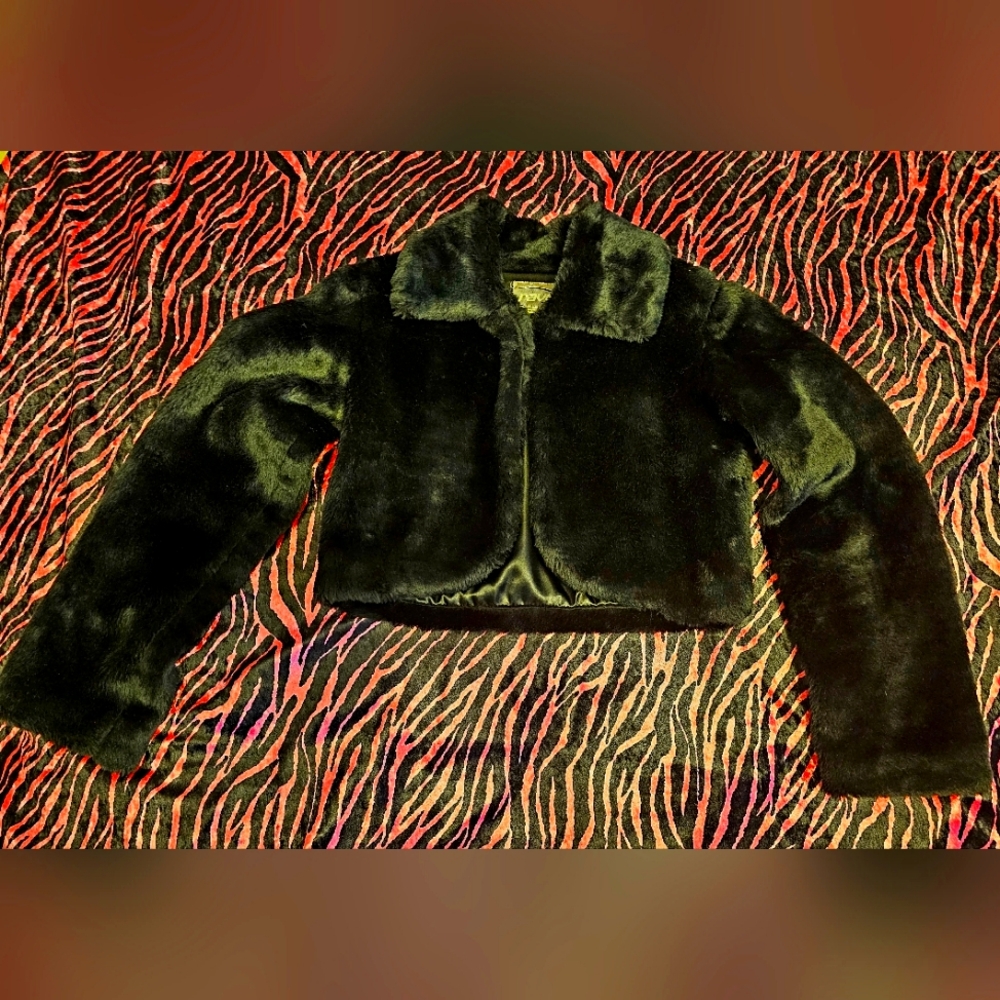 RARE 90s Rave Black Faux Fur Cropped Jacket Sz M Gadzooks 2000s Y2k Goth Vintage